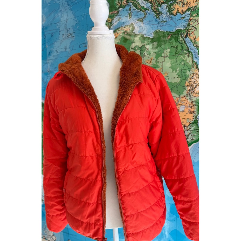Kids Orange Quilted Puffer Jacket Faux Fur Lined Hooded reversible Size 10-12